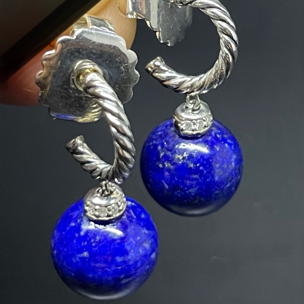 David Yurman Solari Lapis Lazuli Diamonds Drop 9mm Earrings Sterling Silver